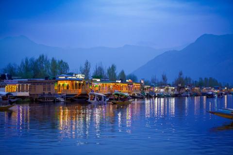 Houseboats on Dal Lake at dusk, Srinagar