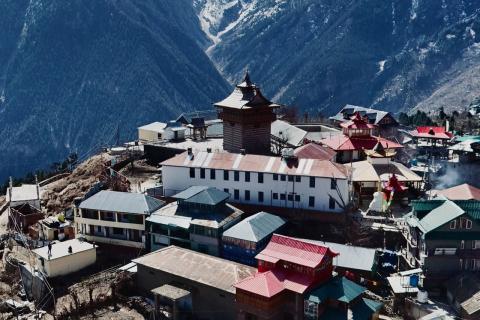 Aerial view of Kalpa with snowy slopes, Kinnaur